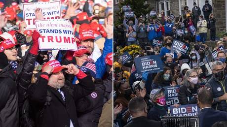 (L) Supporters gather for Donald J. Trump a campaign rally held at the Kenosha Regional Airport in Kenosha. © Anadolu Agency via Getty Images / Joshua T. Kozlowski; (R) Joe Biden supporters in the West Oak Lane neighborhood of Philadelphia.  © Getty Images / Drew Angerer