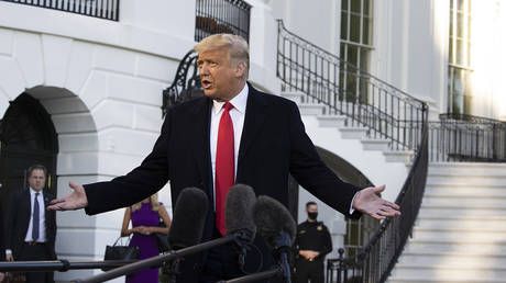U.S. President Donald Trump talks to the media outside the White House on October 21, 2020 in Washington, DC. President Trump is headed to a rally in Gastonia, North Carolina, as he ramps up his public event schedule with less than two weeks until the election.