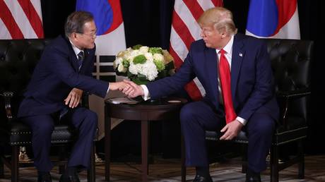 South Korean President Moon Jae-in is shown meeting with US counterpart Donald Trump in September 2019.