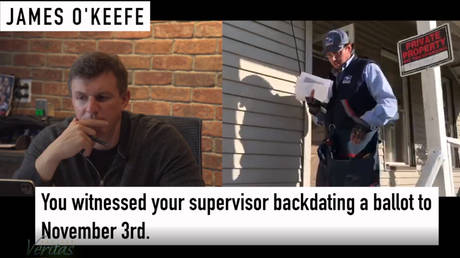 A screenshot taken from a Project Veritas video report citing an alleged US Postal Service whistleblower, who charged misconduct in Pennsylvania's ballot-counting process amid the 2020 presidential race.