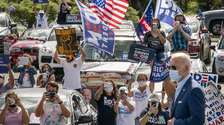 Democratic presidential nominee Joe Biden arrives at a drive-in campaign rally at Broward College on October 29, 2020 in Coconut Creek, Florida.