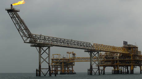 The SPQ1 gas platform is seen on the southern edge of Iran's South Pars gas field in the Gulf, off Assalouyeh