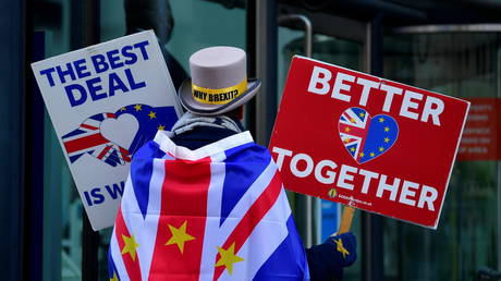 Anti-Brexit activist protests outside of the conference hall where Brexit trade deal negotiations are taking place in London, November 9, 2020. © Reuters / Toby Melville