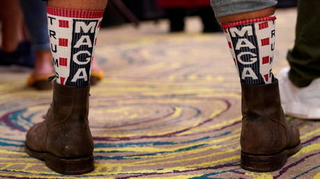 A supporter of U.S. President Donald Trump wears MAGA socks at the Oklahoma GOP watch party for the 2020 U.S. presidential election in Edmond, Oklahoma, U.S., November 3, 2020