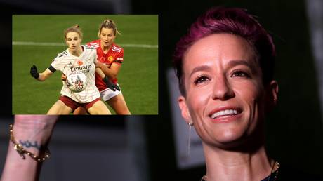 Megan Rapinoe has taken a swing at Manchester United, calling the Premier League club a 'disgrace' for not investing in there women's team earlier - Reuters / MIKE SEGAR (main); Reuters/ CARL RECINE (inset)