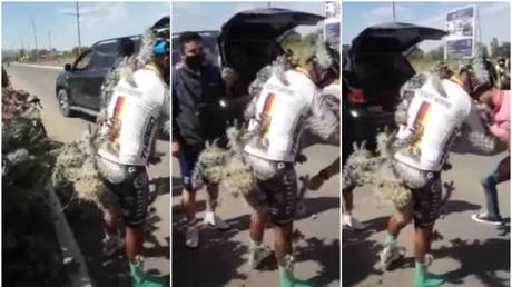 Cyclist Diego Moreno crashed into a cactus plant in Argentina before being taken to hospital © Twitter / RexChapman