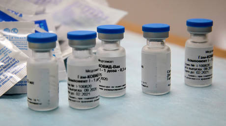 FILE PHOTO. Bottles with Russia's "Sputnik-V" vaccine against the coronavirus disease.