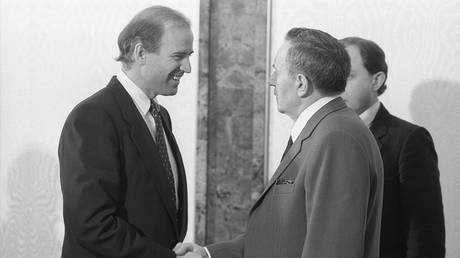 FILE PHOTO A visit by US Senator Joe Biden to the USSR. US Senator representing Delaware and member of the U.S. Senate Committee on Foreign Relations, Joe Biden, left, and Presidium of the Supreme Soviet of the USSR Andrei Gromyko during their meeting at the Kremlin. © Sputnik / Vladimir Rodionov