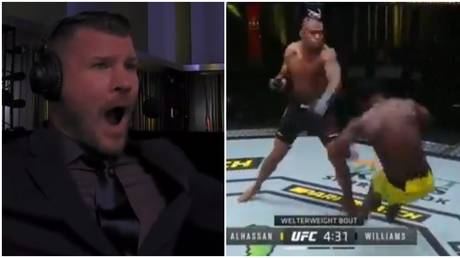 Commentator Michael Bisping was among those stunned by the KO power of Khaos Williams. © Twitter @UFCEurope