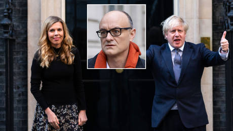 A row involving Carrie Symonds (main image) and Dominic Cummings (inset) was widely covered in UK newspapers on Sunday. © Mark Thomas/ Global Look Press
