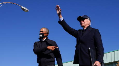 Joe Biden and Barack Obama at a campaign event in Flint, Michigan,