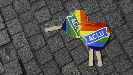 ACLU pride hearts lie on the ground during a rally in support of David Mullins and Charlie Craig after the United States Supreme Court ruled in favor of Jack Phillips, owner of Masterpiece Cakeshop, who refused to make a wedding cake for the same sex couple in 2012.