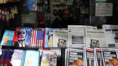 A 'Fake News' newsstand in New York City, set up by the Columbia Journalism Review, October 30, 2018.