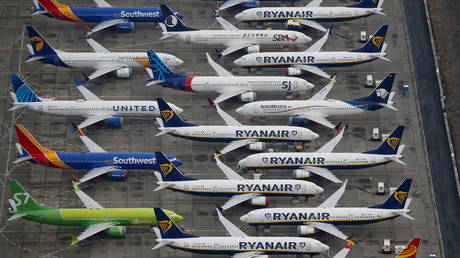 Grounded Boeing 737 MAX aircraft are seen parked at Boeing facilities at Grant County International Airport in Moses Lake, Washington, US