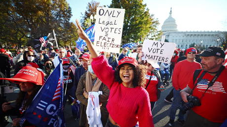 FILE PHOTO: Supporters of US President Donald Trump participate in a "Stop the Steal" protest after the 2020 US presidential election, in Washington, DC.