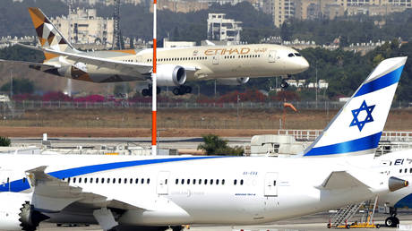 An Etihad Airways plane carrying a delegation from UAE lands at Israel's Ben Gurion Airport.© AFP / Jack Guez