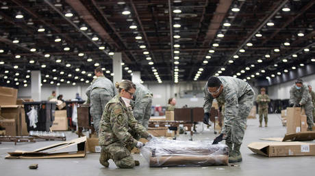 FILE PHOTO: Michigan National Guard setting up a field hospital in Detroit