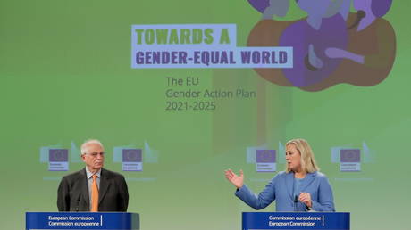 European Union foreign policy chief Josep Borrell and European Commissioner in Charge of International Partnerships Jutta Urpilainen arrive for a news conference on the EU Action Plan on Gender Equality and Women Empowerment in external relations. © Pool via REUTERS / Stephanie Lecocq