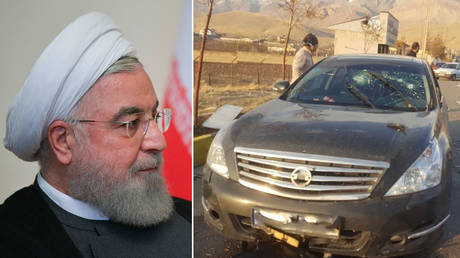 Iranian President Hassan Rouhani. © Sputnik / Aleksey Druzhinin; The scene of the attack that killed Mohsen Fakhrizadeh. © WANA via Reuters