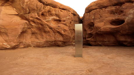 A metal monolith is seen in Red Rock Desert, Utah, US, November 25, 2020