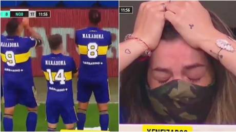 Dalma Maradona was overcome at the tribute from Boca players. © Twitter @Nicocantor1