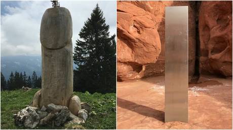 The monument on Grunten Mountain © Facebook / Grüntenhütte; The Utah monolith © Reuters