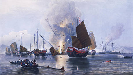 British iron steamer Nemesis attacks Chinese ships during the second Battle of Chuanbi. Painting by E. Duncan, dated May 30, 1843. ©National Maritime Museum