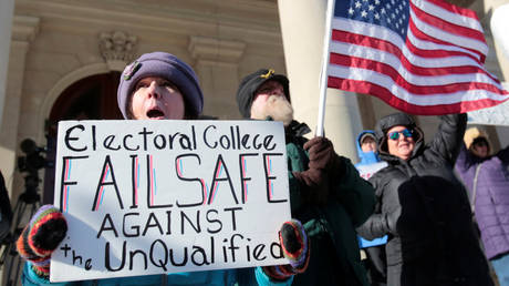 FILE PHOTO: Protesters rally outside as Michigan's 16 presidential electors meet