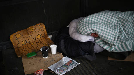 A homeless person is seen in Westminster, following the outbreak of the coronavirus disease (COVID-19), London, Britain, April 29, 2020.