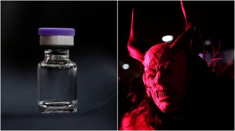 A vial with a Covid-19 vaccine.  © Reuters / Andrew Harnik; An actor dressed as the devil. / Leonhard Foeger