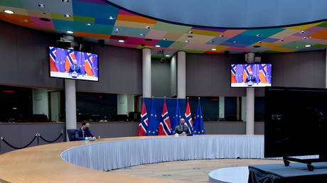 FILE PHOTO: European Council President Charles Michel prepares to speak with Norway's Prime Minister Erna Solberg via video conference at the European Council building in Brussels, Belgium November 13, 2020