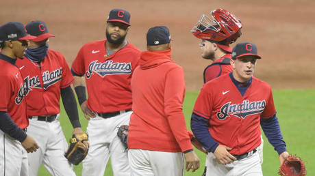 Cleveland Indians relief pitcher James Karinchak walks off mound during pitching change in fourth inning against the New York Yankees