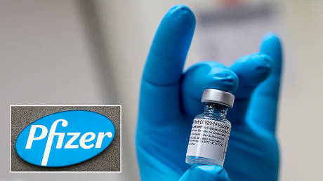 Pfizer Covid-19 vaccine; (inset) logo