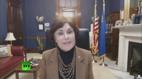 Senator Jacky Rosen (D-Nevada) appears remotely at a hearing with ex-CISA director Chris Krebs, December 16, 2020