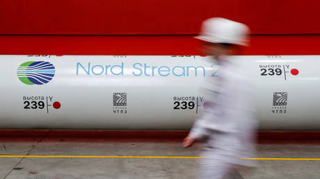 FILE PHOTO: The logo of the Nord Stream 2 gas pipeline project © Reuters / Maxim Shemetov