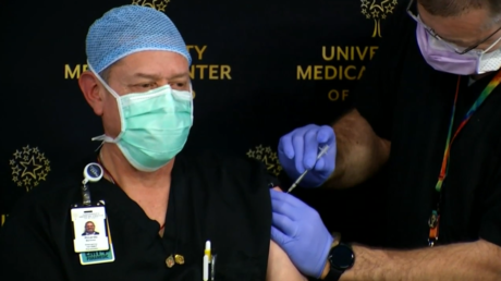 A video of the publicity stunt captured by local channel KFOX14 shows a medical worker fruitlessly pressing on the syringe as he realizes it's empty.