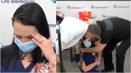Nurse FAINTS moments after receiving coronavirus jab in another flop for confidence-building PR drive (VIDEO)