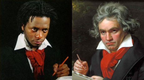 Terry Adkins' interpretation of Beethoven, seen alongside an 1820 portrait of the composer © Facebook / BOZARbrussels and Wikipedia