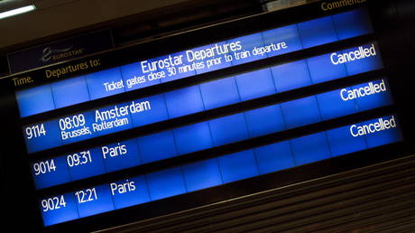 An information board is pictured at the Eurostar terminal at St Pancras International, as EU countries impose a travel ban from the UK following the coronavirus disease (COVID-19) outbreak, in London, Britain, December 21, 2020