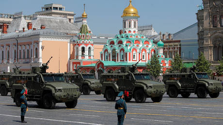 FILE PHOTO: Russian Typhoon-VDV 4x4 all-terrain armoured vehicles drive during the Victory Day Parade in Moscow, Russia, on June 24, 2020.