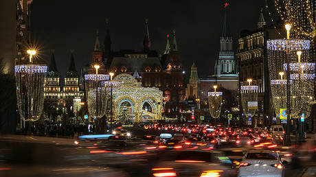 FILE PHOTO Traffic moves along Tverskaya street which is decorated with lights for the New Year and Christmas season in Moscow, Russia © REUTERS/Shamil Zhumatov