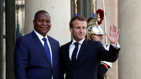 French President Emmanuel Macron hosts CAR President Faustin-Archange Touadera at the Elysee Palace in Paris, September 5, 2019.