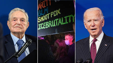 (L) George Soros © AFP / FABRICE COFFRINI; (C) Ted Wheeler attends Black Lives Matter protest © AP Photo/Noah Berger; (R) Joe Biden © REUTERS/Kevin Lamarque/Pool