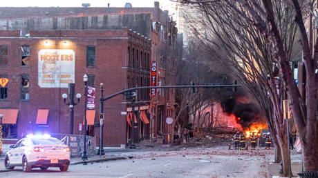 Debris litters the road near the site of an explosion in the area of Second and Commerce in Nashville, Tennessee, U.S. December 25, 2020