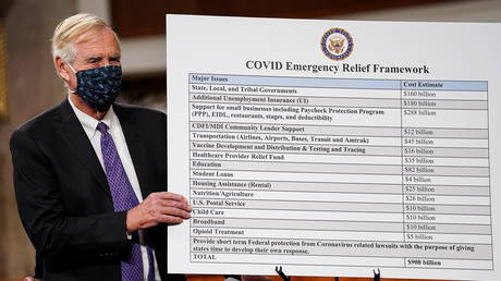 US Senator Angus King (I-ME) holds a chart as bipartisan members of the Senate and House gather to announce a framework for Covid-19 relief legislation