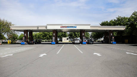 FILE PHOTO: A Costco gas station in Woodland, California is pictured empty amid the Covid-19 lockdown, April 20, 2020