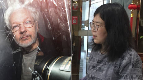 (L) WikiLeaks' founder Julian Assange leaves Westminster Magistrates Court in London, Britain January 13, 2020. © REUTERS/Simon Dawson; (R) Citizen-journalist Zhang Zhan is seen in Wuhan, Hubei province, China in this handout picture taken on May 3, 2020. © Handout via REUTERS