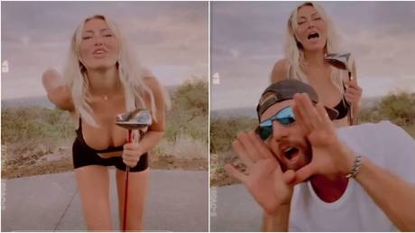 Par excellence: Paulina Gretzky poses with golf club in chesty display as partner Dustin Johnson ends 2020 as world no. 1