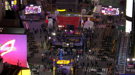 A near-empty Times Square is seen following a ban on crowds for its New Year's Eve celebration, December 31, 2020.