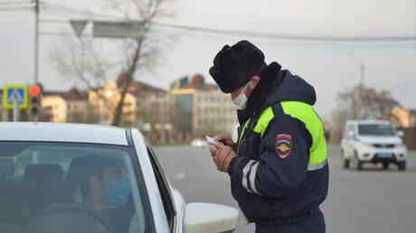 FILE PHOTO: A traffic police officer  checks a driver's documents in the Chechen capital Grozny, Russia April 4, 2020. ©  REUTERS/Ramzan Musaev